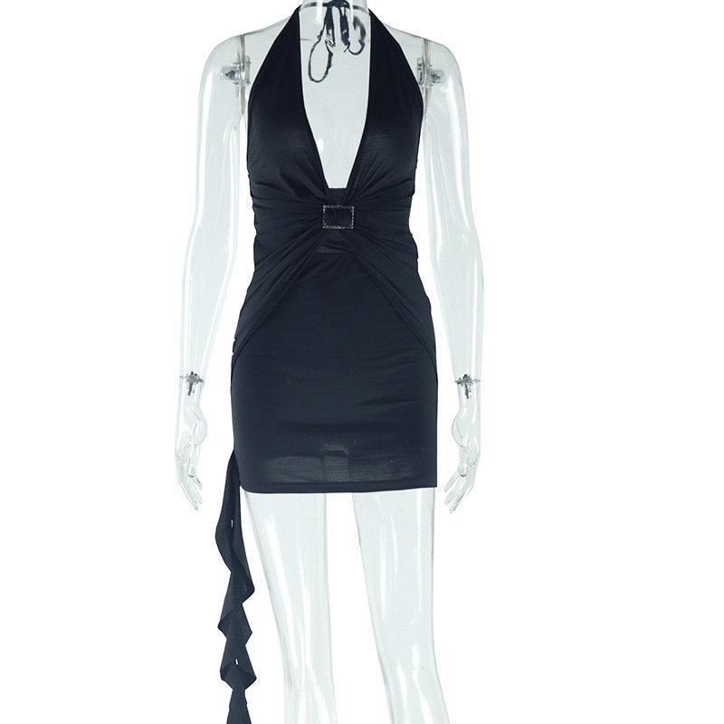 Women Clothing Deep V Plunge neck Sexy Halter Solid Color Dress Pleated Street Cool Short Hip Dress