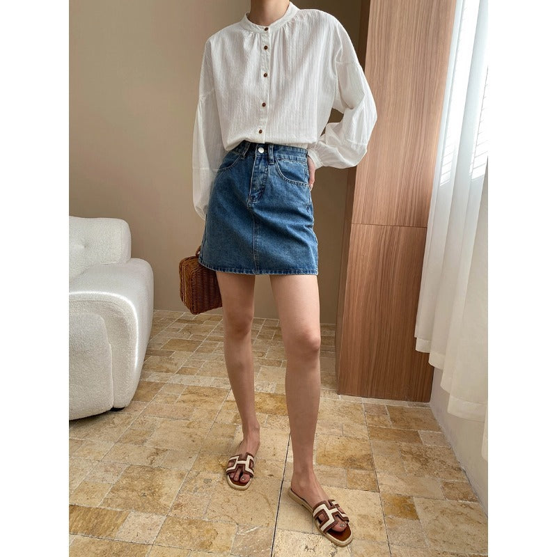 Spring Lazy Elegant Striped Loose Lantern Sleeve Stand Collar Shirt Cotton