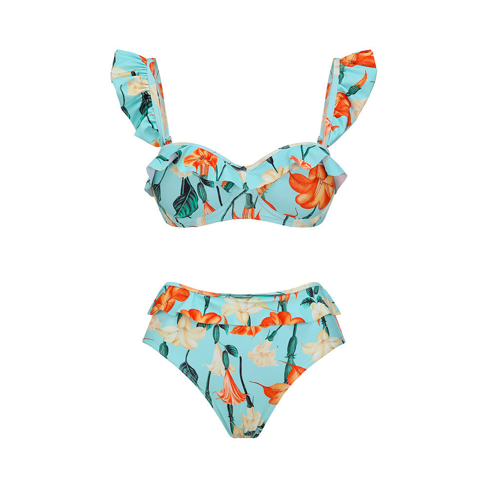 Split Bikini Lotus Sleeve High Waisted Trousers Sexy Slimming Swimsuit Women