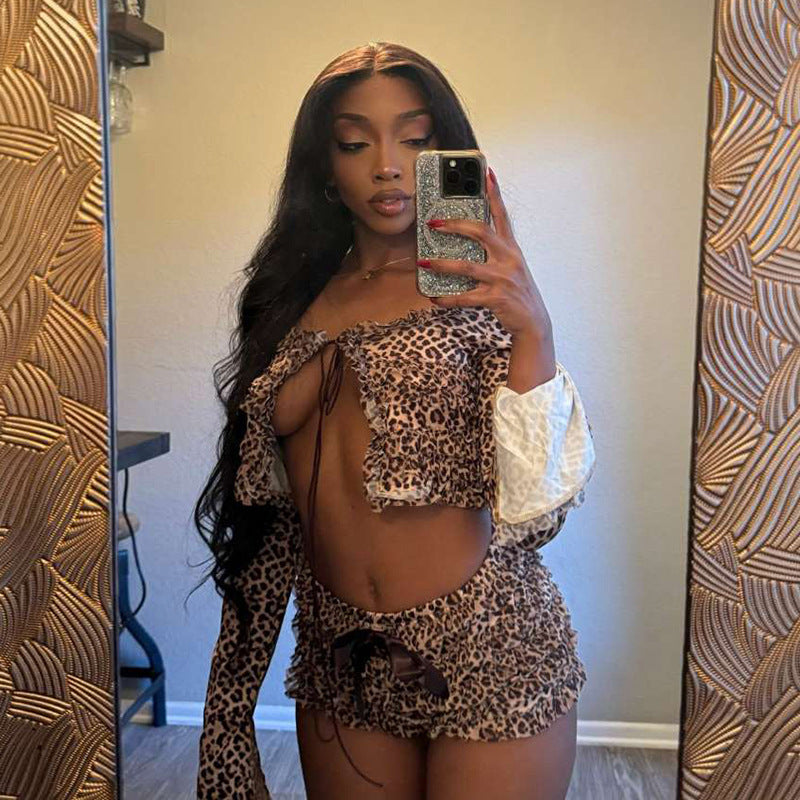 Autumn Winter Women Clothing Sexy Lacing Leopard Print Long Sleeve Cardigan Pleated Slim Shorts Two Piece Set for Women