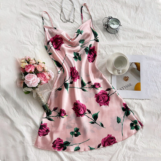 Summer Dacron Camisole Sleeveless Dress Sexy Printed Backless Slip Dress Nightdress