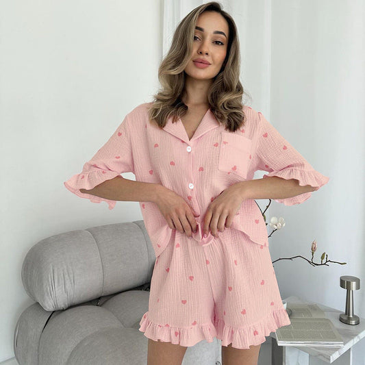 Summer Women Pajamas Crepe Cotton Heart Printing Short Sleeved Shorts Two Piece Home Wear