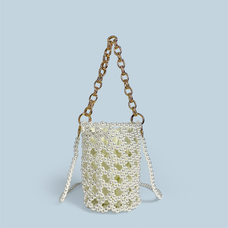 Chinese Beaded Hand Woven Pearl Cocktail Vegetable Basket Hollow Out Cutout Bucket Chain Underarm Messenger Bag
