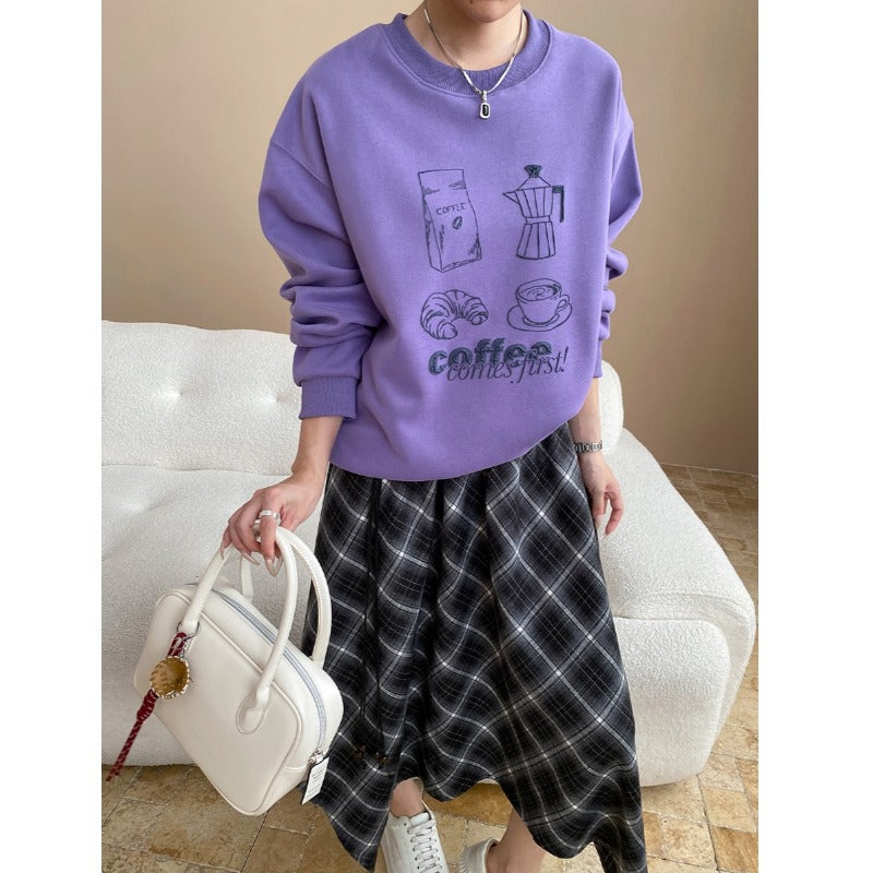 Atmosphere Fun Coffee Bread Printing round Neck Loose Pullover Sweater