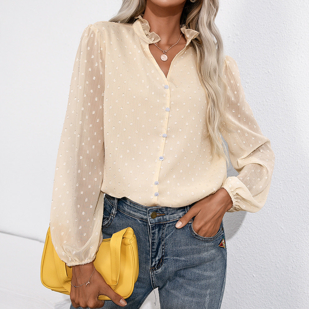 Ruffle V neck Solid Color Jacquard Dot Long Sleeved Shirt Lace Stitching Shirt Top for Women