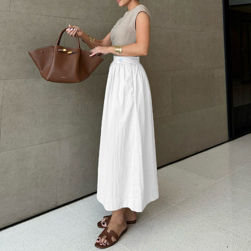 Autumn Winter Women Clothing Women Solid Color Waist Tight Slimming Large Hem All-Match Cotton Linen Skirt