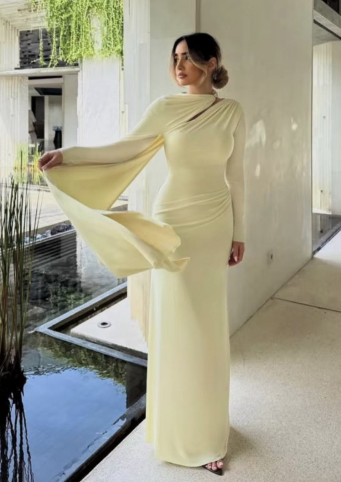 Autumn Winter Pleated Cloak Design Long Slim Fit Dress