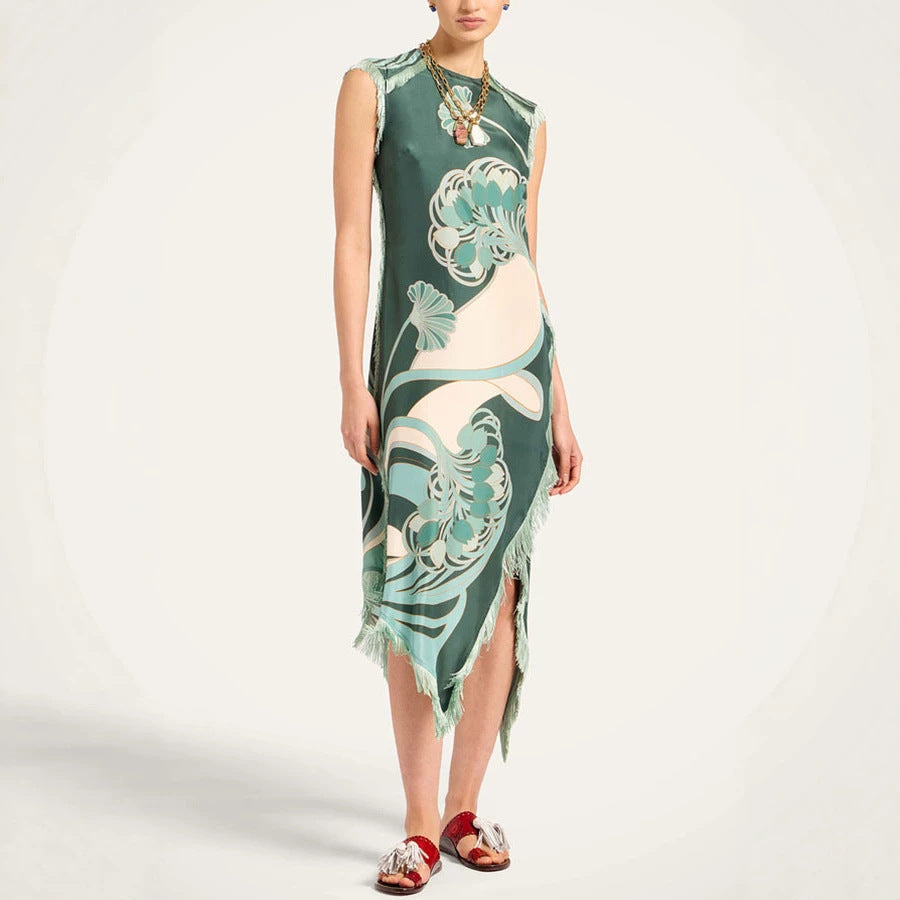 Tassel Positioning Printed Dress Satin Sleeveless Holiday Dress