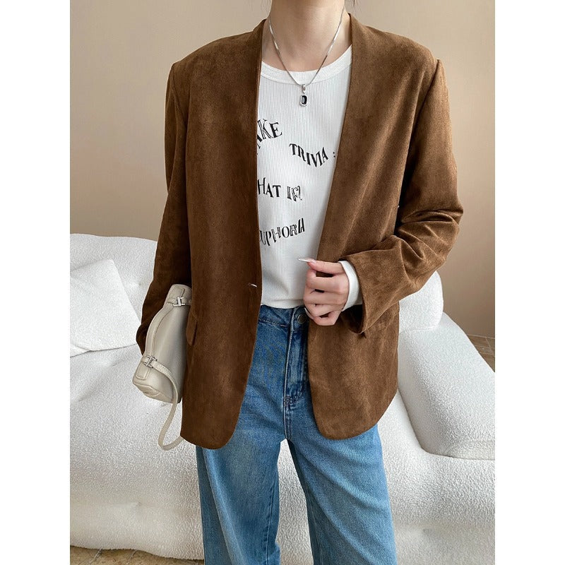 Early Autumn Faux Suede Collarless Office Blazer
