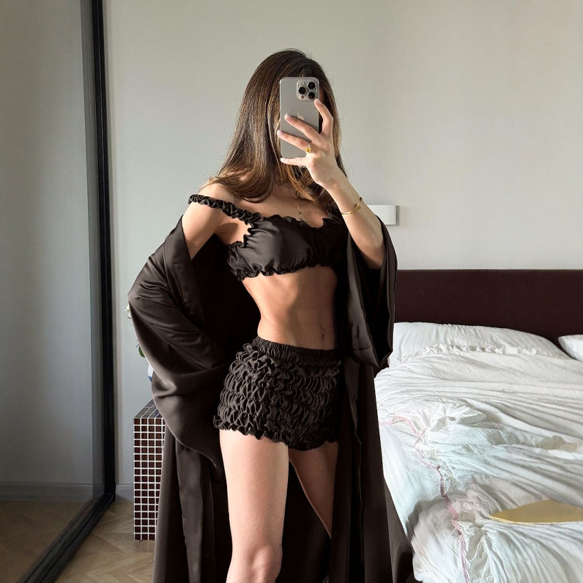 Pleated Satin Casual Comfortable Suspender Underwear Shorts Cardigan Pajamas Home Wear Three Piece Sets