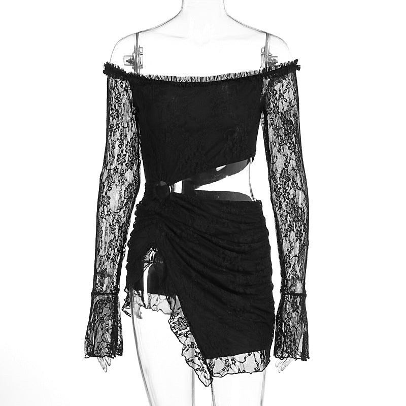 Autumn Winter Long Sleeves Cropped Lace Sexy off the Shoulder Dress Women Clothing