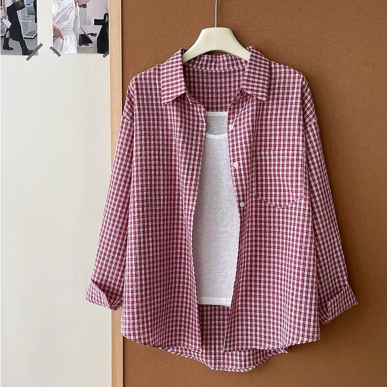 Spring Autumn Japanese Korean Small Plaid Sunscreen Shirt for Women Lazy Top