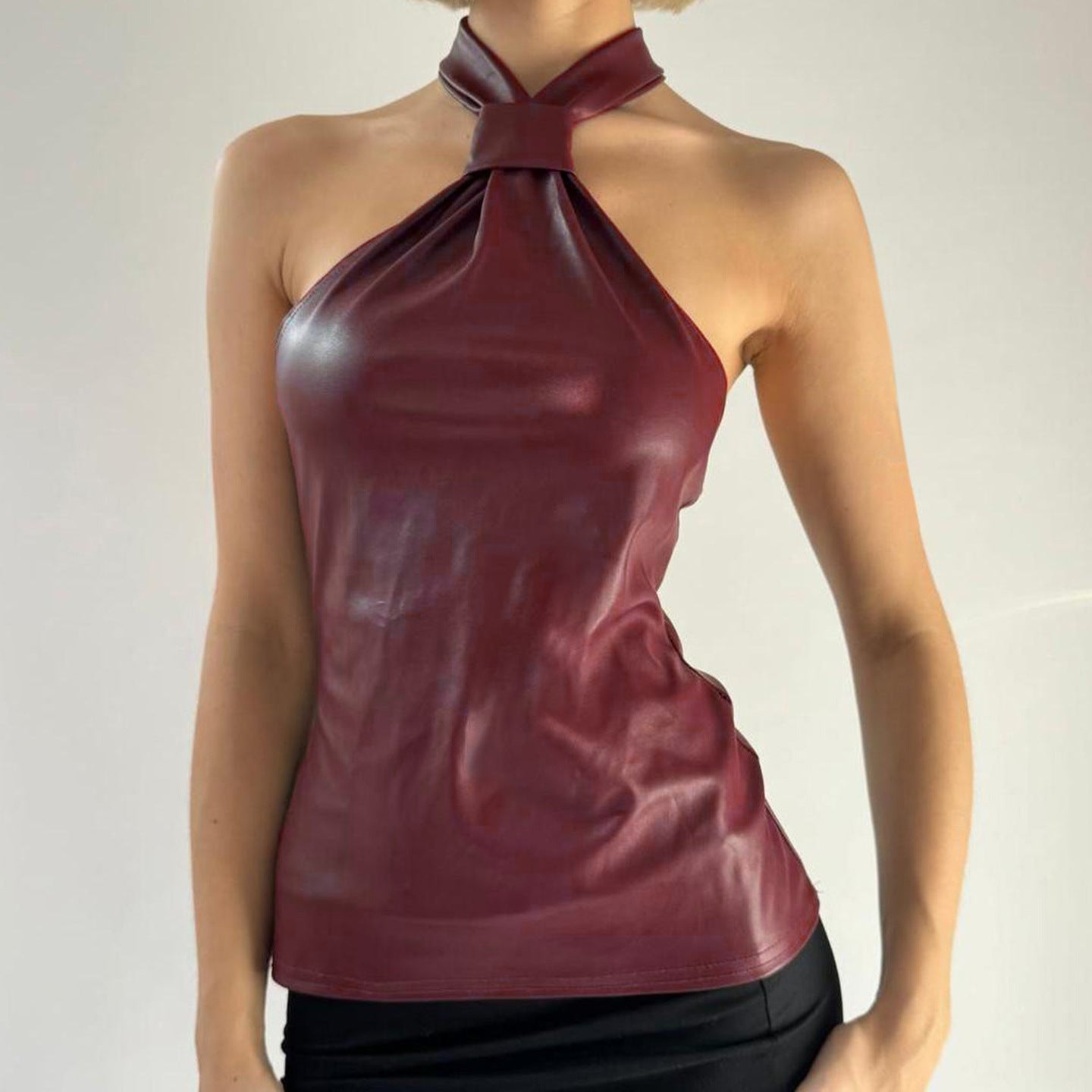 Sexy Red Leather Halter Spaghetti Straps Women Summer Slim Fit Slimming Elegant Tied Vest