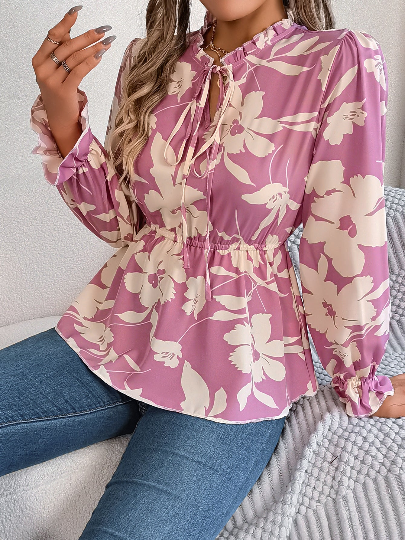 Real Shot Spring Summer Casual Floral Lace up Long Sleeve Chiffon Shirt Top Women Clothing