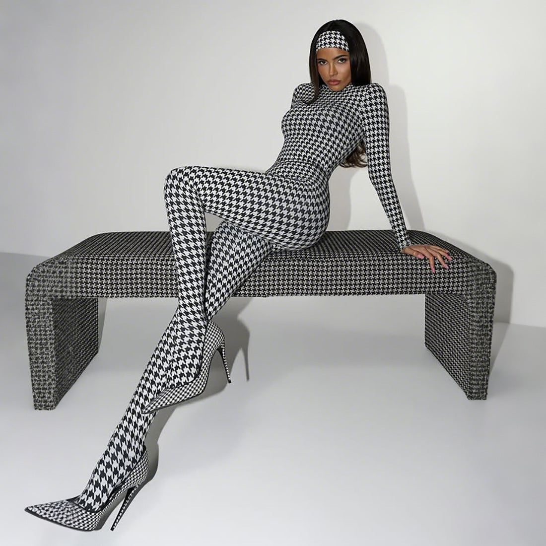 Autumn Winter Women Clothing Printed Turtleneck Long Sleeve Sexy High Waist Slim Fit Bodysuit