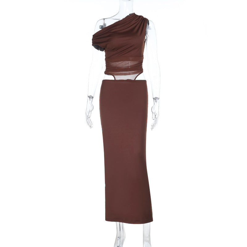 Off Shoulder Mesh Stitching Hollow Out Cutout Dress Women Sexy Slim Fit Maxi Dress