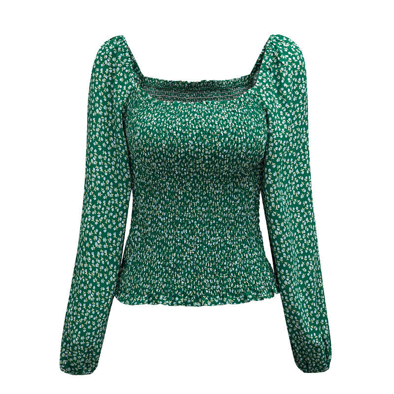 Square Collar Pullover Women Spring Autumn Long Sleeve Waist Tight Slimming Lantern Sleeves Top Women