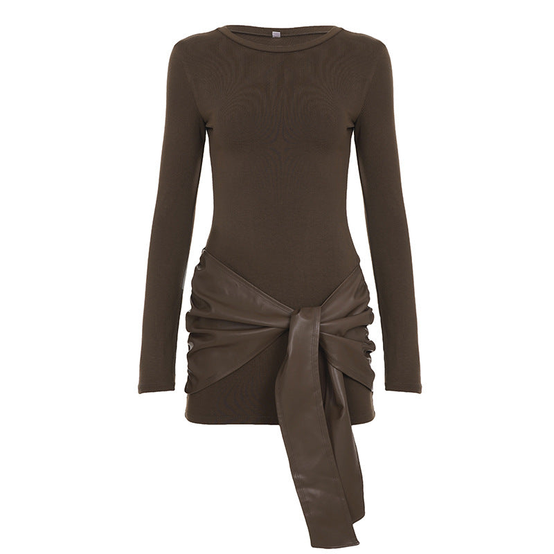 Women Solid Color Leather Stitching Tight Long Sleeved Dress Mature Sexy Pullover Sheath Lace Dress