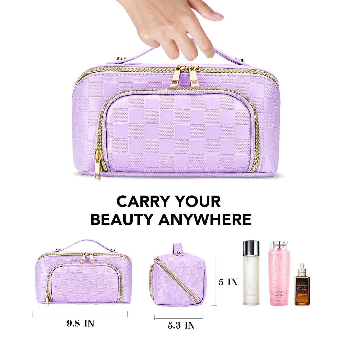 Chessboard double pillow cosmetic bag, multifunctional waterproof toilet bag, makeup bag with compartments,
