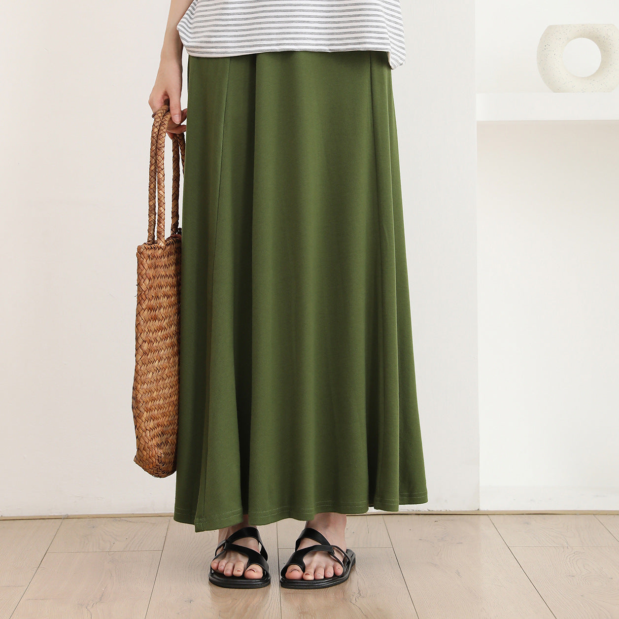 Summer Women Skirt Breathable Cool Feeling High Waist Big Swing Mid Length Real Shot