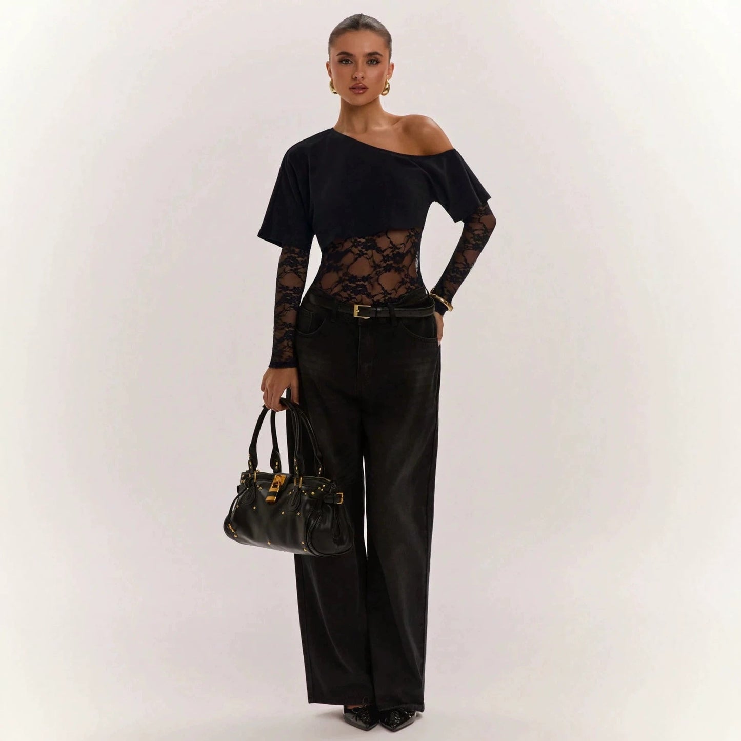 Sexy One Piece Cropped Outfit Slim Lace Stitching Long Sleeve Top