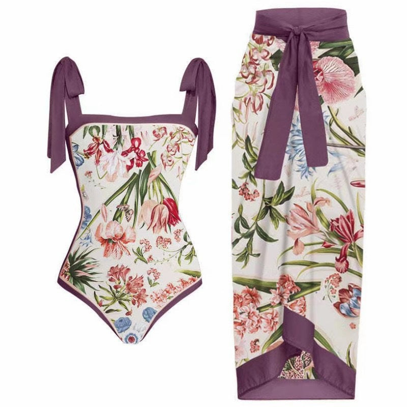 Double Sided Swimsuit Printed Conservative Cover Belly Sheath Dress Two Piece Swimsuit
