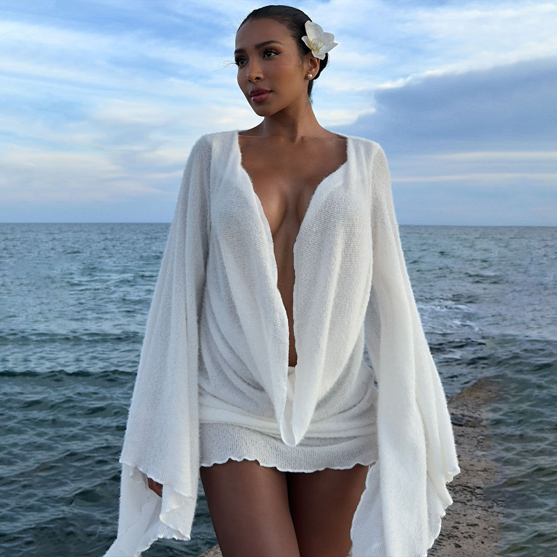 Autumn Winter Sexy Swing Collar Bell Sleeve Solid Color Sheath Short