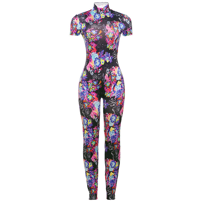 Spring Sexy Backless Skinny Personalized Printed Short Sleeved Jumpsuit Women Clothing