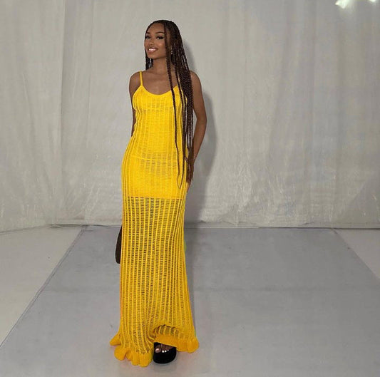 Autumn Winter Sexy Sheath Cutout Sling Ruffled Long Woolen Dress