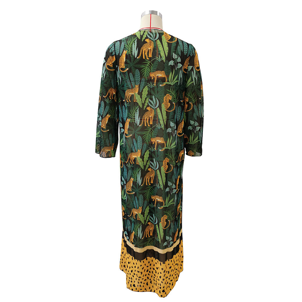 Stretch Mesh Long Sleeve Beach Cover Up Leopard Print Veils Beach Swimsuit Cardigan Long