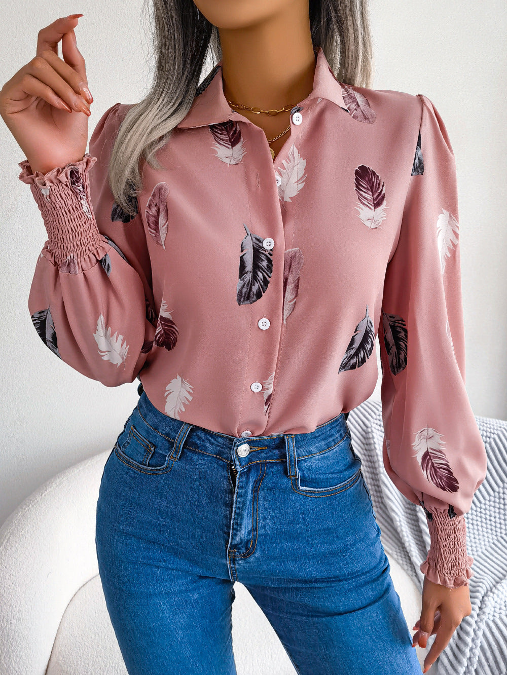 Spring Summer Elegant Feather Lantern Sleeve Collared Shirt Women Clothing