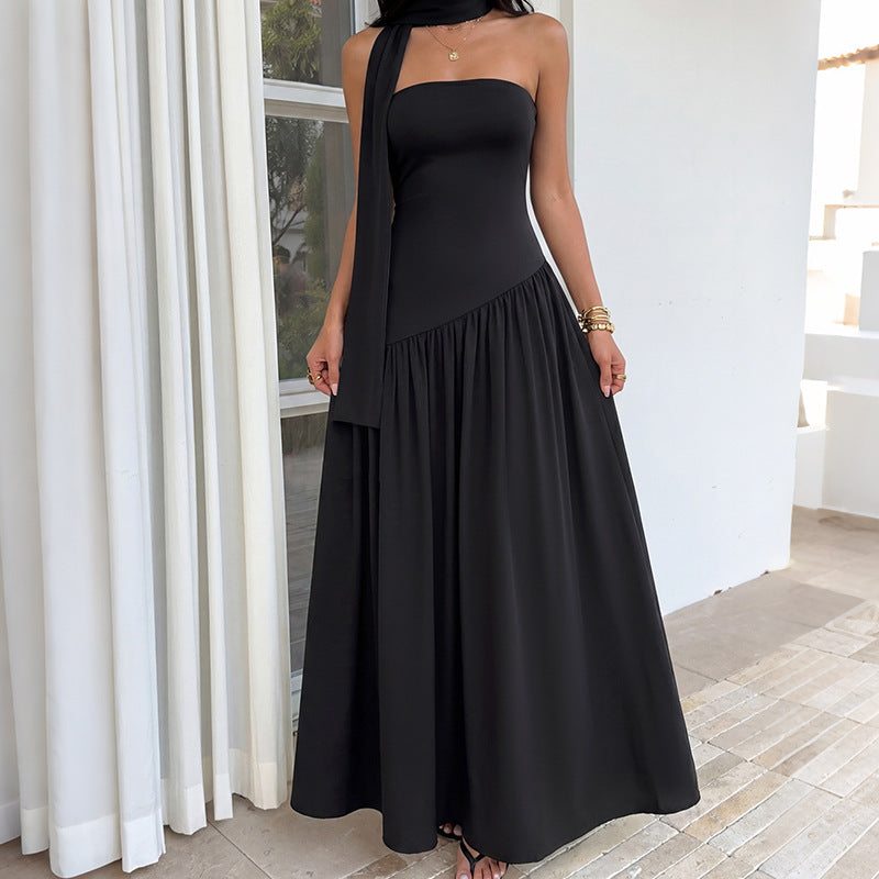 Minimalist Affordable Luxury Black Tube Top Stitching Big Swing Dress