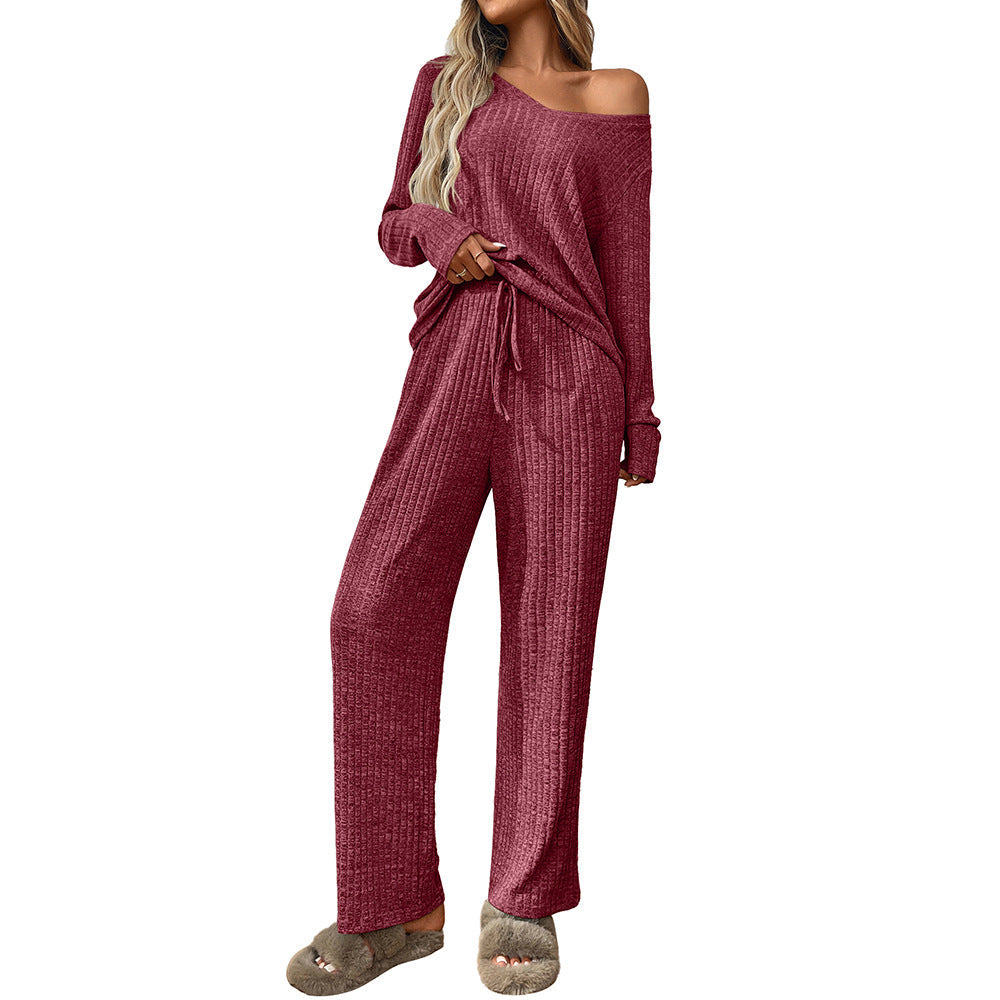 Women Clothing Sunken Stripe Pajamas round Neck Long Sleeve Trousers Home Wear Set