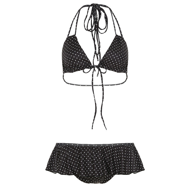 Women Clothing Vacation Swimsuit Sexy Sexy Polka Dot Print Tied Lotus Leaf Split Bikini Two Piece Sets