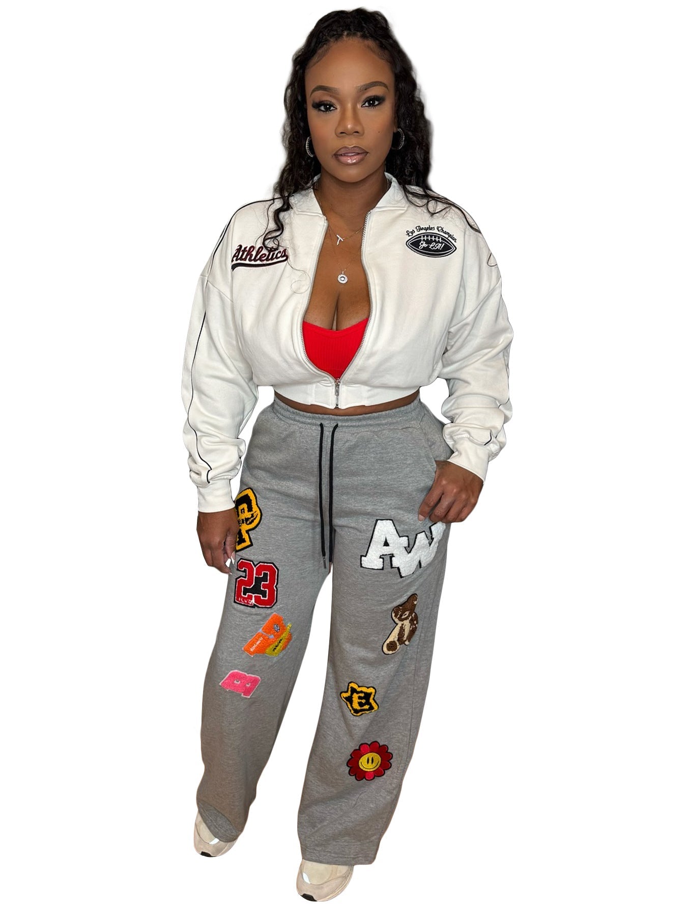 Women Wear Brushed Hoody Casual Sports Zipper Embroidered Varsity Jacket Coat for Women
