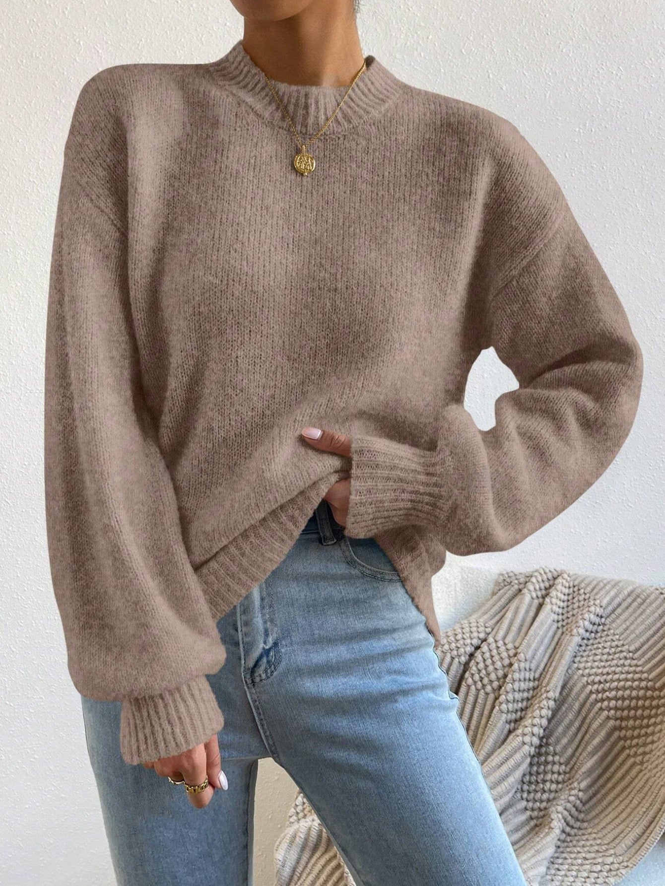 Autumn Winter Autumn Winter Comfortable Casual Loose round Neck Linking Long Sleeve Solid Color Sweater for Women