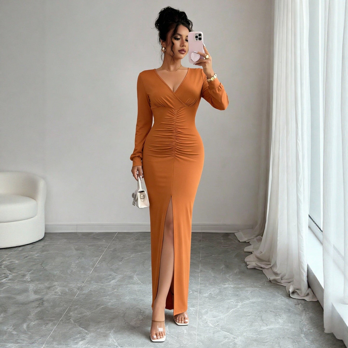Elegant V Neck Pleating Long Sleeved Dress Waist Cinching Slimming Slit Hip Wrapped Mid Length Dress