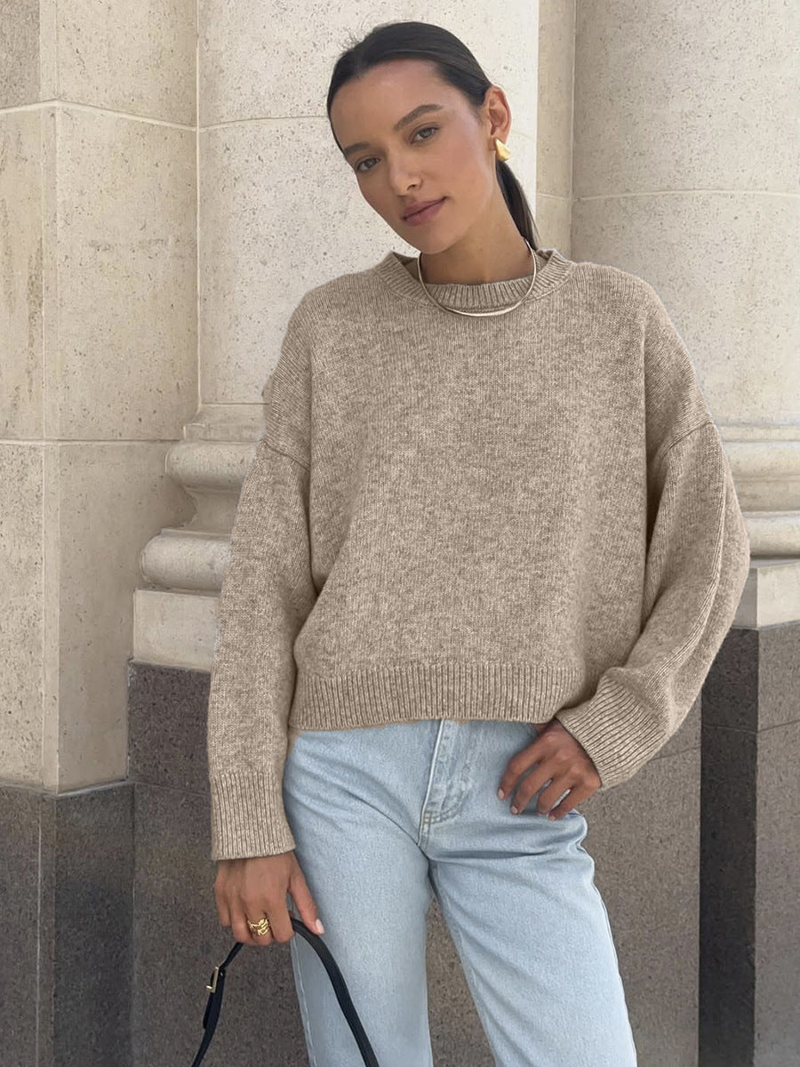 Autumn Winter Russian Thickened Short round Neck Solid Color Sweater All Matching Basic Women Clothing