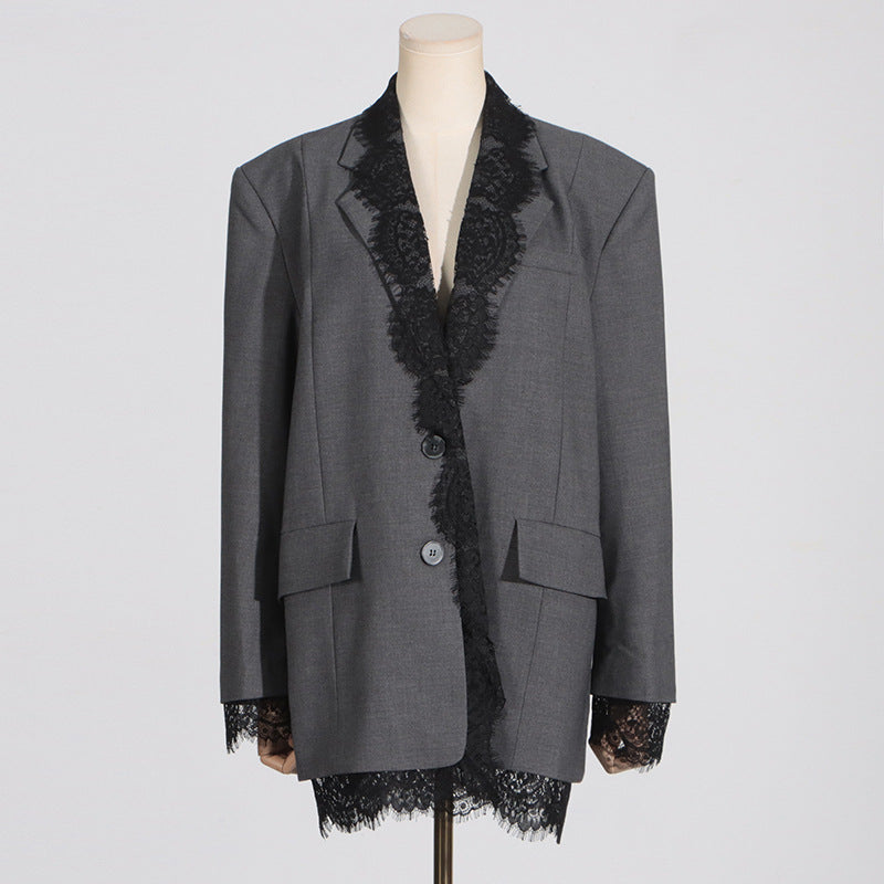 Fashionable Blazer for Women Autumn Lace Stitching Design Long Sleeve Profile Small for Women