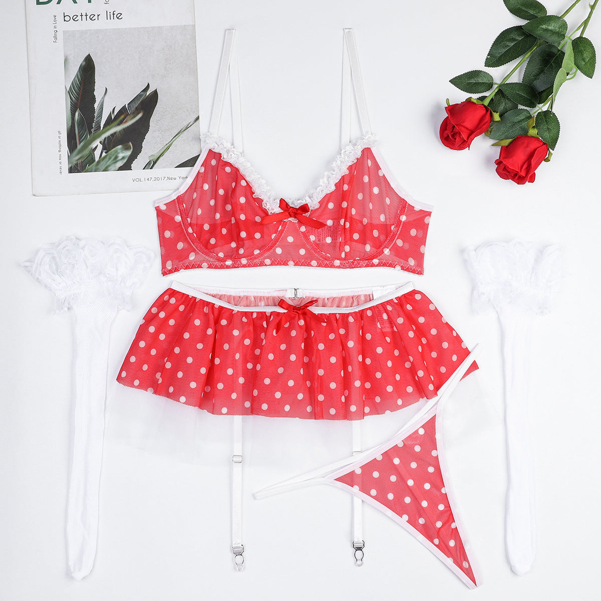 Red White Polka Dot Contrast Color Mesh Cute Puffy Net Skirt Hemline Sweet Holiday Sexy Lingerie Three Or Four Piece Suit