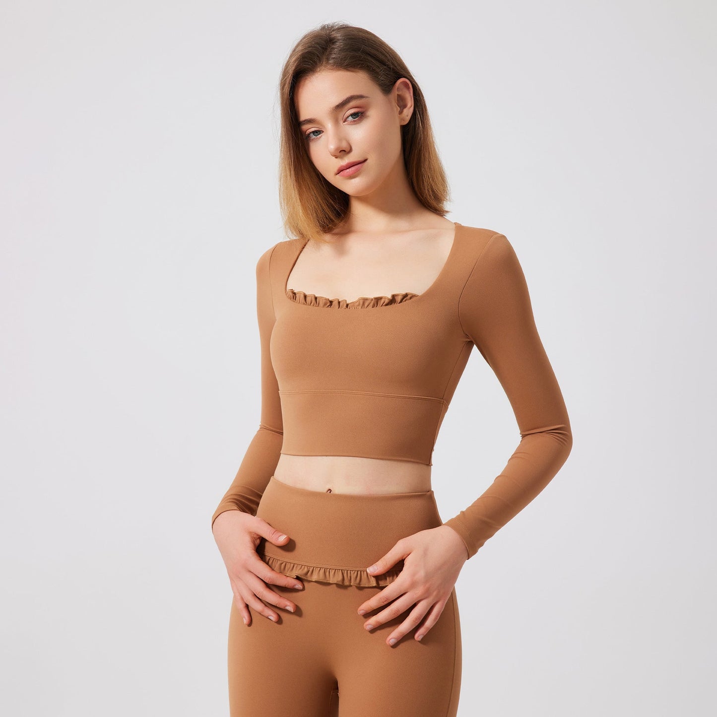 Autumn Winter Nude Feel Lace Yoga Clothes Long Sleeve Semi Fixed Cup Running Slim Sports Bra Breathable Workout Clothes Top