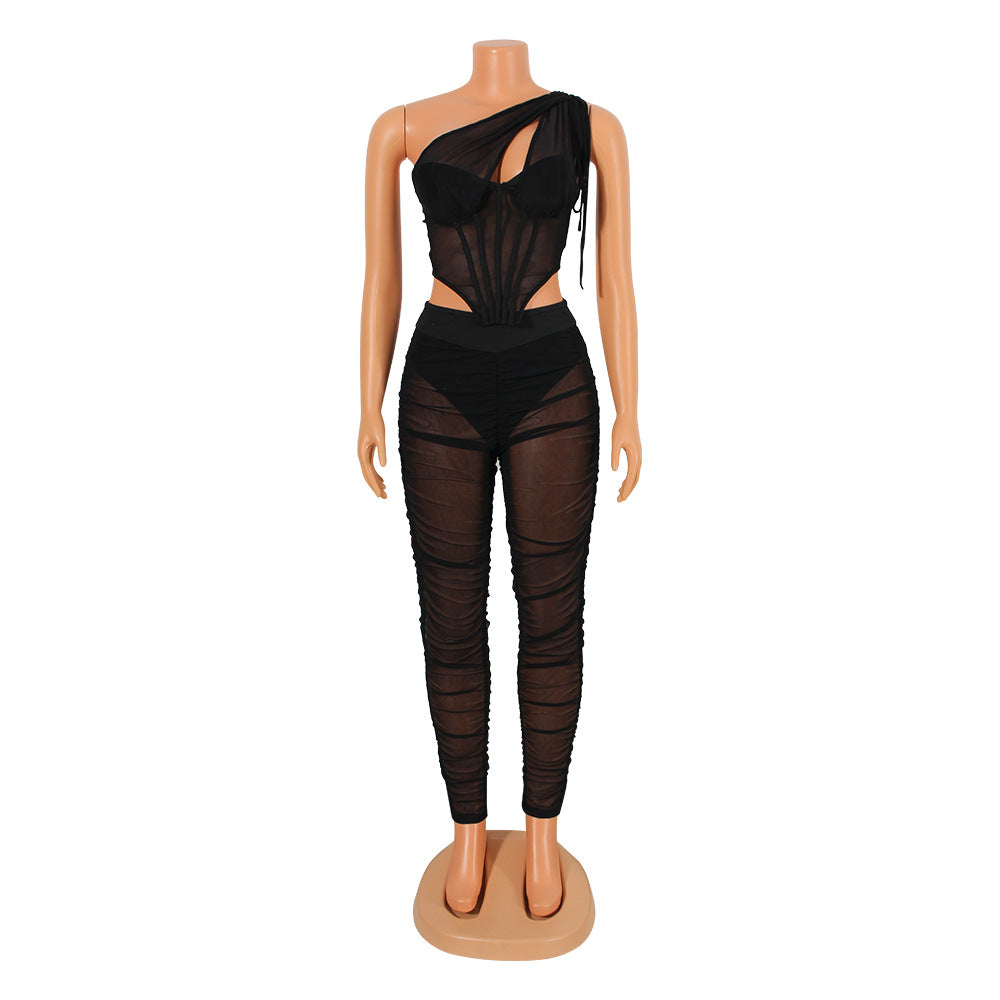 Women Clothing Sexy Mesh See-through Irregular Asymmetric Top Two-Piece Set