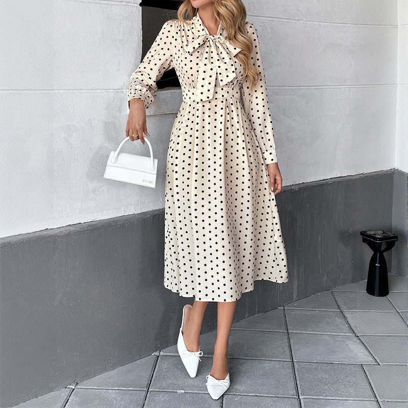 Autumn Elegant Retro Bow Collar Long Sleeve Fitted Waist Polka Dots Dress