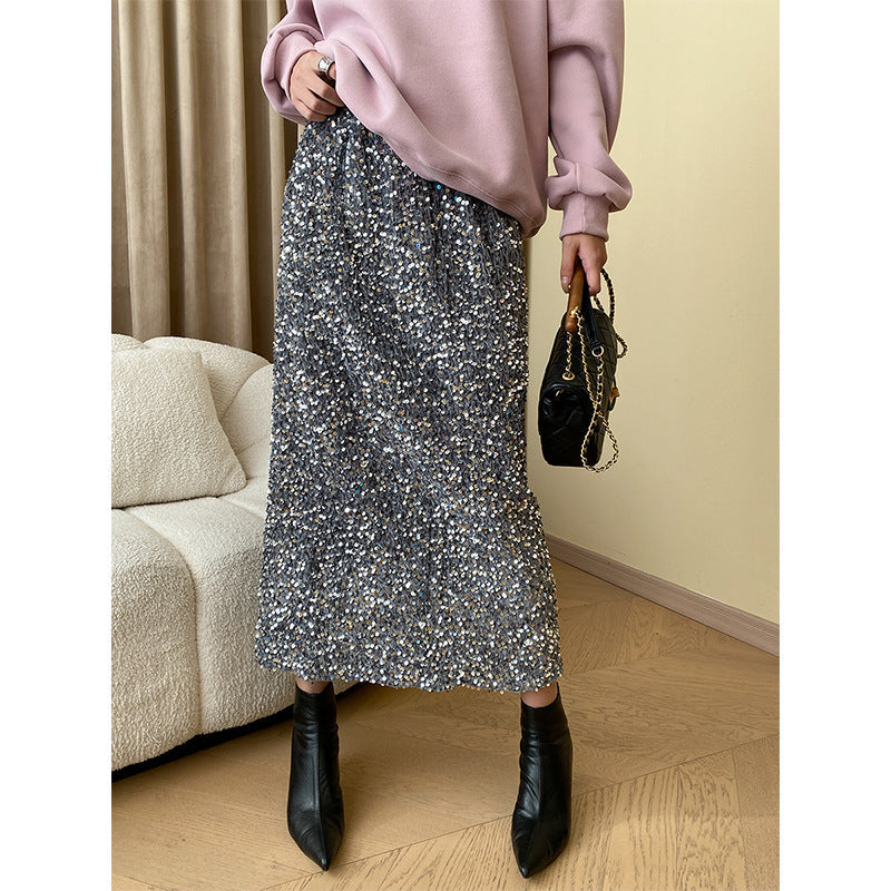 Fashionable Golden Atmosphere Fine Glitter Split Straight Skirt Thickened Autumn Winter