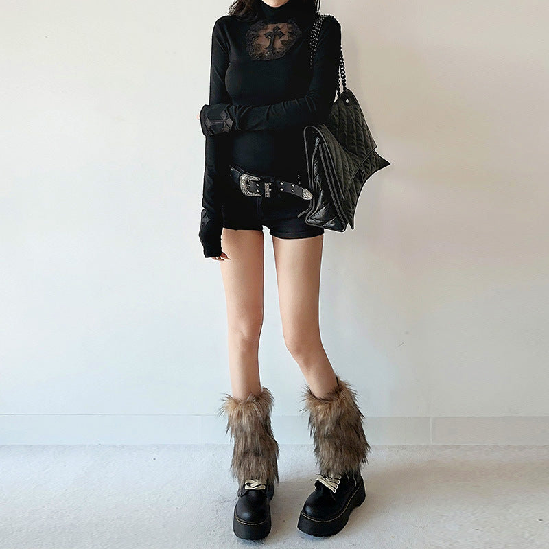 Autumn Dark Sexy Slim Hollow Out Cutout Cross Long Sleeve Top