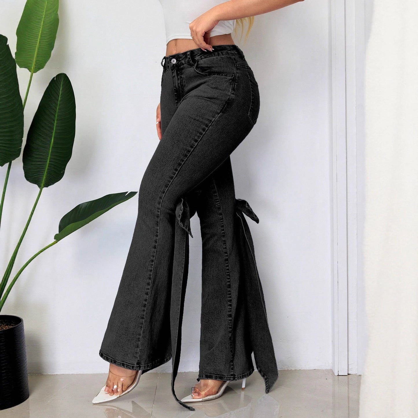 Retro Three Dimensional Bow Slim Fit Elastic Mop Denim Bell Bottom Pants
