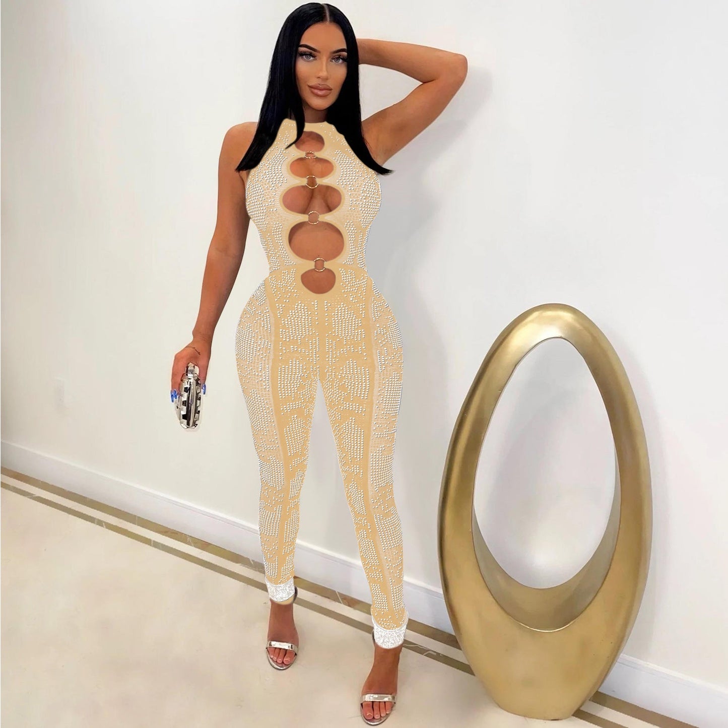 Women Wear Mesh See through Rhinestone Sleeveless Trousers Jumpsuit