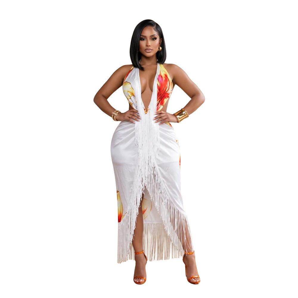 Women Clothing Shoulder Baring Halter Lace up Tube Top Printed Tassel Dress Irregular Asymmetric