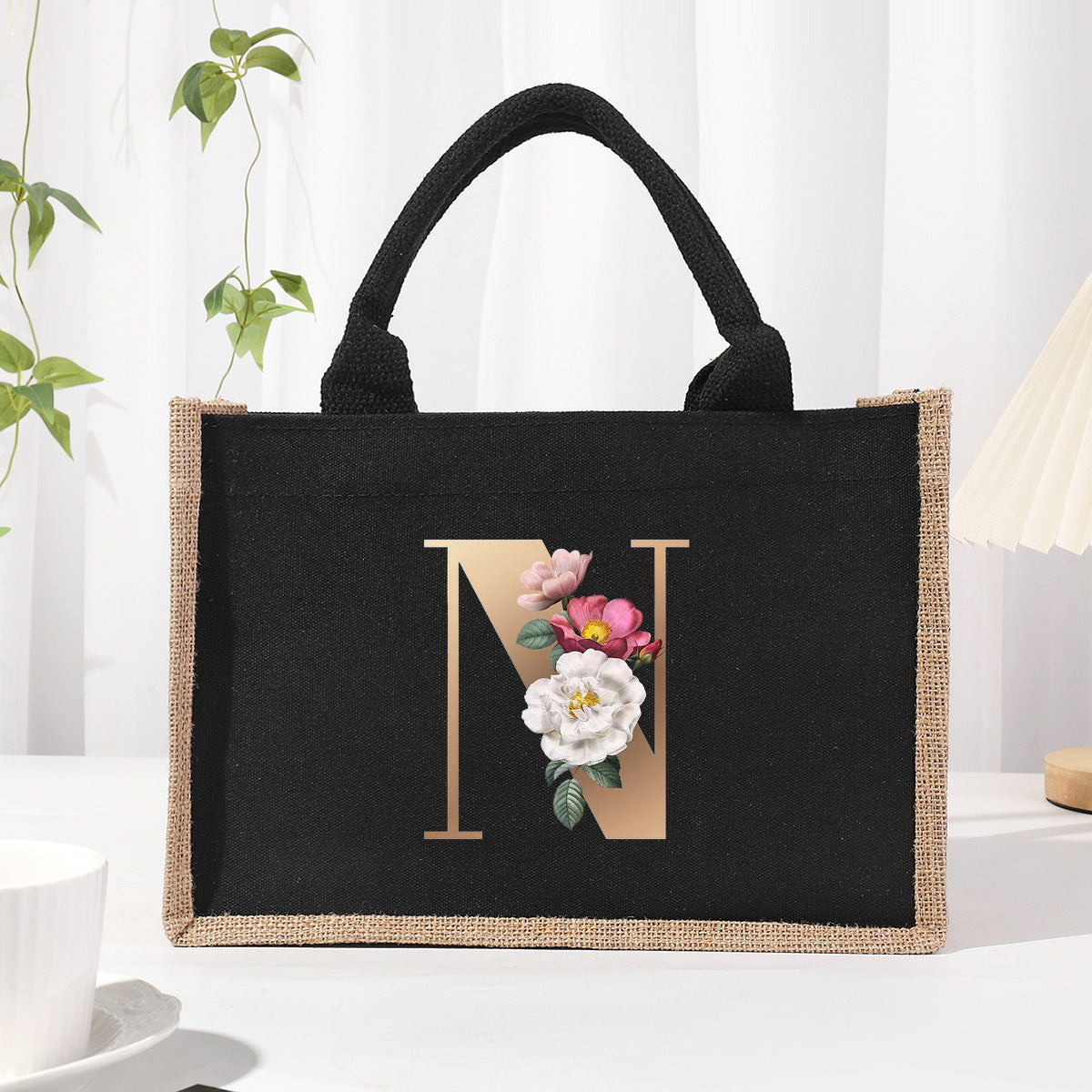 Cotton and linen canvas tote bag, printed letter tote bag, portable light handbag, gift shopping bag