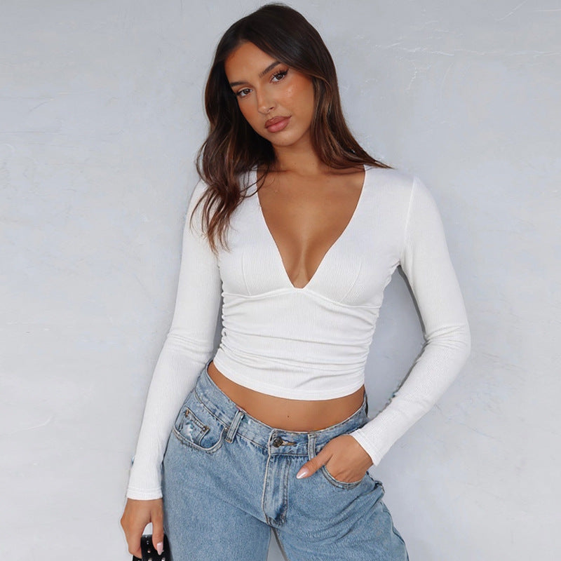 Women Long Sleeved V neck T shirt Summer Slim Color Sunken Stripe Top Women